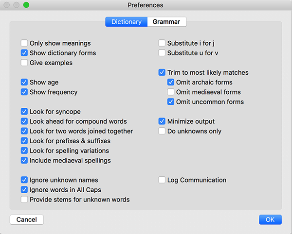 Dictionary pane of the Preferences window