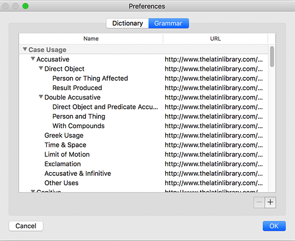 Grammar pane of the Preferences window