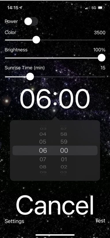 The alarm screen in SunriseSimulator