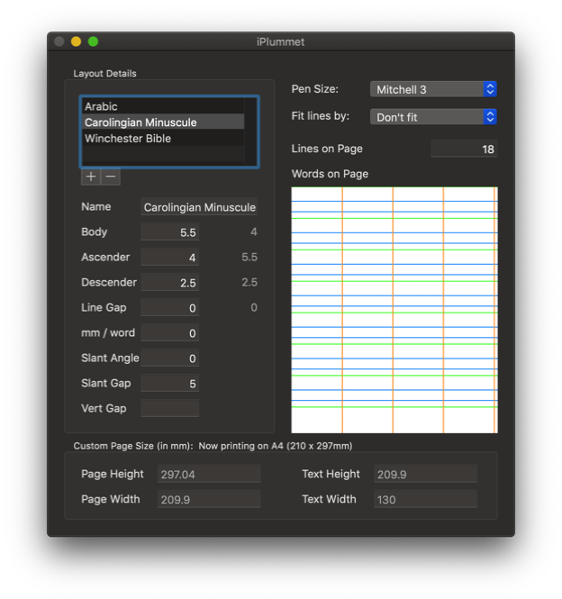 The iPlummet window showing calligraphy layout measurements and a preview of the ruled page