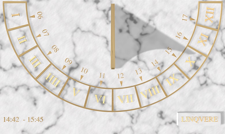 The popup showing a simulated sundial with the current Roman hour